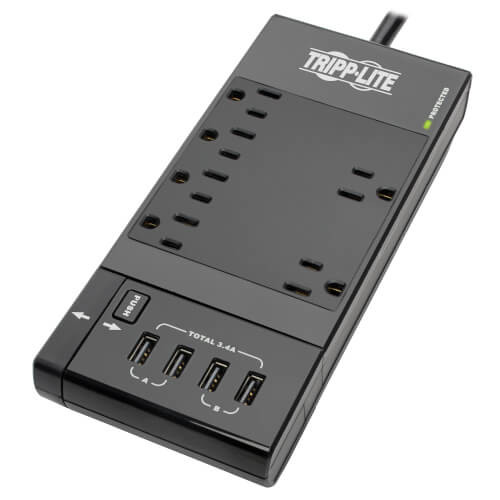Tripp Lite TLP68UBAM 6-Outlet Surge Protector, Retractable USB Charger, 5-15R Outlets