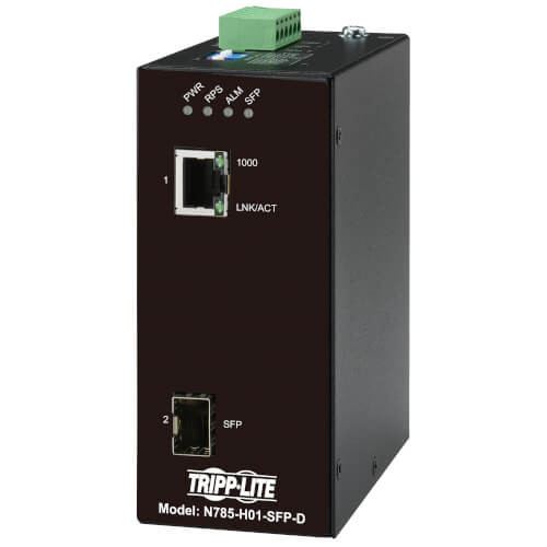 Tripp Lite N785-H01-SFP-D Hardened Gigabit Fiber to Ethernet Media Converter, 10/100/1000 Mbps, DC Power