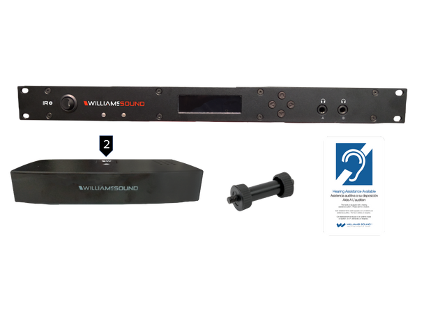 Williams AV IR ME2 IR Plus system features with two emitter, bracket and ADA sign