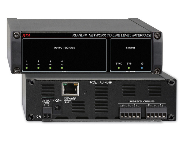 Radio Design Labs RU-NL4P Network to Line Level Interface - Dante Input - 4 Balanced Line Outputs - with PoE