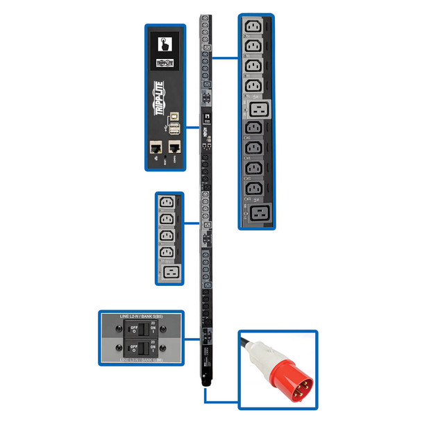 Tripp Lite PDU3XEVSR6G60B 3-Phase PDU Switched 25.2kW 240V 24 C13 6 C19 Touchscreen LCD 0U