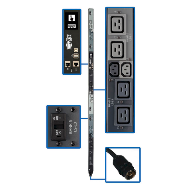 Tripp Lite PDU3EVSR6H50A PDU 3-Phase Switched 14.4kW 208V 6 C13 12 C19 50A CS8365C 0U TAA