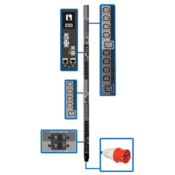 Tripp Lite PDU3XEVSR6G32B 3-Phase PDU Switched 22.2kW 220/230V 24 C13 6 C19 Touchscreen 0U