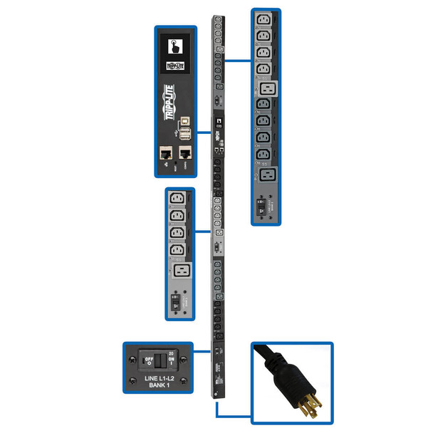 Tripp Lite PDU3EVSR10L2130 3-Phase PDU Switched 10kW 200/208/240V 24 C13,6 C19 L21-30P TAA