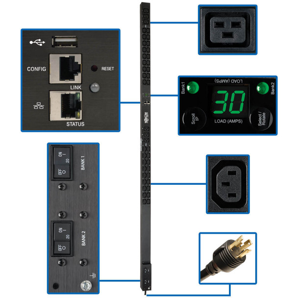 Tripp Lite PDUMNV30HV2LX PDU Monitored 208/240V 30A 36 C13, 6 C19 L6-30P LX Interface 0U