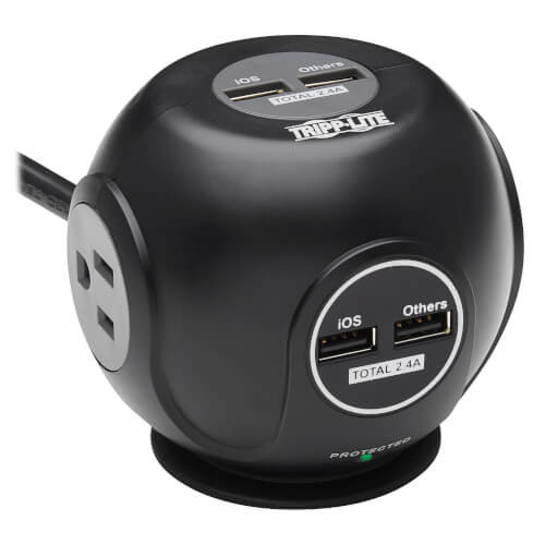 Tripp Lite TLP36USB 3-Outlet Spherical Surge Protector, 4 USB Ports (4.8A Shared) - 6 ft. (1.83 m) Cord