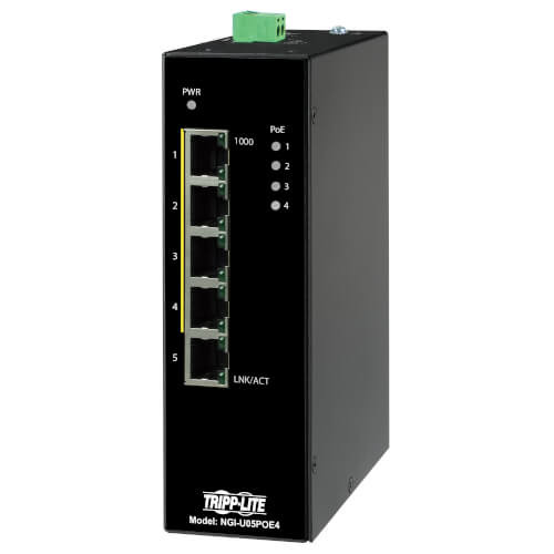 Tripp Lite NGI-U05POE4 5-Port Unmanaged Industrial Gigabit Ethernet Switch DIN Mount