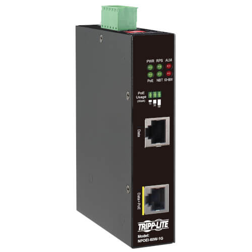 Tripp Lite NPOEI-60W-1G Industrial Gigabit Ethernet PoE injector, 60W PoE++, Dual 24-57VDC , DIN rail, 1 Port