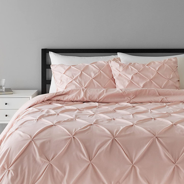 Amazon Basics Pinch Pleat All-Season Down-Alternative Comforter Bedding Set - Full / Queen, Blush