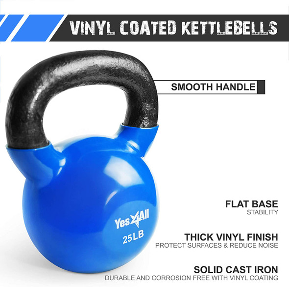 Yes4All Vinyl Coated Kettlebell Weights, Weight Available: 5, 10, 15, 20, 25, 30, 35, 40, 45, 50 Lb - Strength Training Kettlebells for Weightlifting, Conditioning, Strength & Core Training