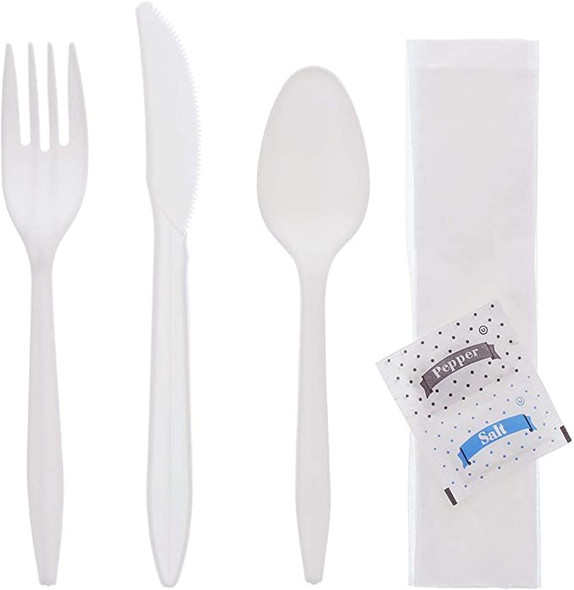 250 Plastic Cutlery Packets - Knife Fork Spoon Napkin Salt Pepper Sets | WHITE Plastic Silverware Sets Individually Wrapped Cutlery Kits, Bulk Plastic Utensil Cutlery Set Disposable To Go Silverware