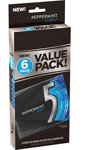 5 GUM Cobalt Peppermint Sugar Free Chewing Gum, 15 pieces (6 Pack)