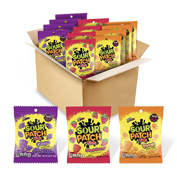 SOUR PATCH KIDS Fruit Flavors Soft and Chewy Candy Variety Pack, Peach, Grape, Strawberry, 12 Bags