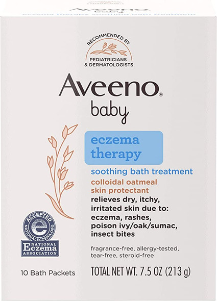 Aveeno Baby Eczema Therapy Soothing Bath Treatment for Relief of Dry, Itchy & Irritated Skin,Made with Natural Colloidal Oatmeal, Fragrance-Paraben-, Steroid- & Tear-Free, 10 ct ( Packaging May Vary )