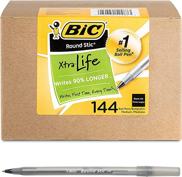 BIC Round Stic Xtra Life Ballpoint Ink Pens, Medium Point (1.0mm), Black Pens, Flexible Round Barrel For Writing Comfort, 144-Count
