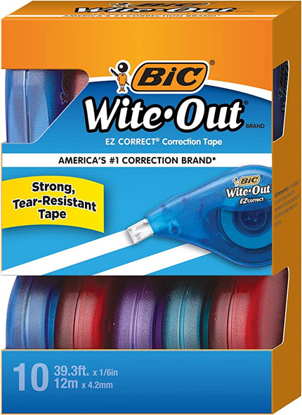 BIC Wite-Out Brand EZ Correct Correction Tape, 39.3 Feet, 10-Count Pack of white Correction Tape, Fast, Clean and Easy to Use Tear-Resistant Tape Office or School Supplies