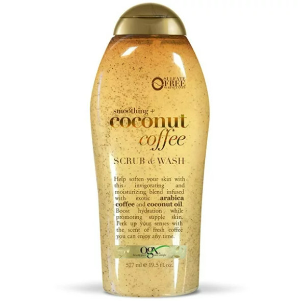 OGX Smoothing + Coconut Coffee Exfoliating Body Scrub with Arabica Coffee & Coconut Oil, Moisturizing Body Wash for Dry Skin, Paraben-Free with Sulfate-Free Surfactants, 19.5 Fl Oz