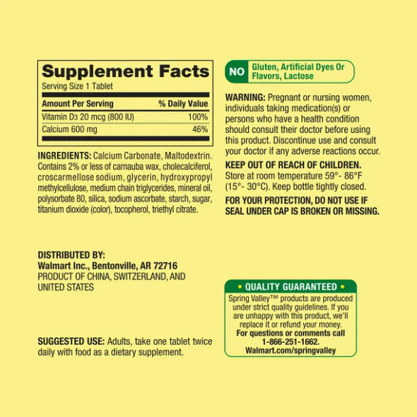 Spring Valley Calcium Plus Vitamin D Tablets Dietary Supplement, 600 mg, 100 Count