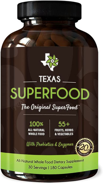 Texas SuperFood - Original Superfood Capsules, Superfood Reds and Greens, All-Natural Whole Food Dietary Supplement, Non-GMO, Gluten Free, Vegan, No Soy, 180 Capsules