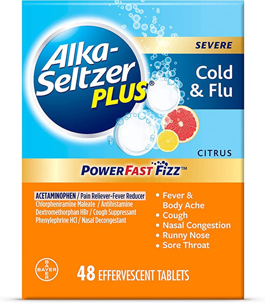 ALKA-SELTZER PLUS Severe, Cold & Flu Medicine, Citrus Effervescent Tablets, Nasal & Sinus Congestion, Sneezing, Runny Nose, Cough, Sore Throat, Fever, Headache and Body Aches & Pains, 48ct