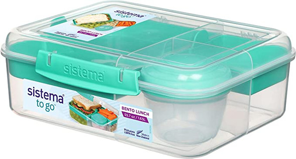 Sistema Bento Box Adult Lunch Box with 2 Compartments, Sandwhich,Salad Dressing Container,Dishwasher Safe,Color May Vary