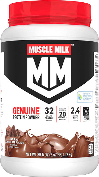 Muscle Milk Genuine Protein Powder, Natural Chocolate, 2.47 Pound, 16 Servings, 32g Protein, 2g Sugar, Calcium, Vitamins A, C & D, NSF Certified for Sport, Energizing Snack, Packaging May Vary