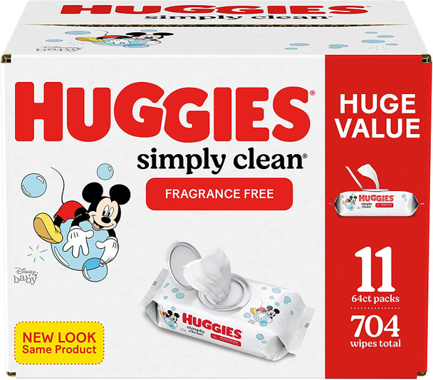 Baby Wipes, Unscented, Huggies Simply Clean Fragrance-Free Baby Diaper Wipes, 11 Flip Lid Packs (704 Wipes Total)