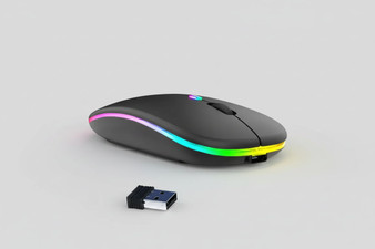 Black USB rechargeable RGB LED Slim Wireless Mouse with colorful light strip and receiver included.
