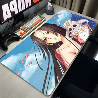 Large Anime Girl Sexy Mousepad with Ultra-Smooth Surface, Kawaii design on blue background with white clouds.