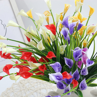 Vibrant artificial calla lily bouquet with red, purple, yellow, and white flowers, green stems, 33cm.