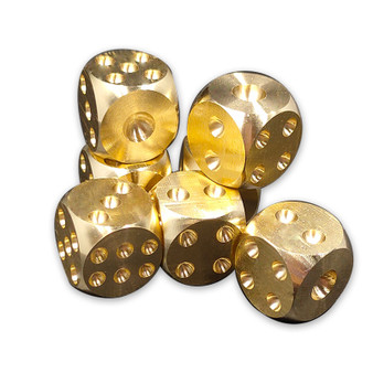 OFS Brass Copper Dice Set, 15mm, six shiny brass dice with visible dots on each side.