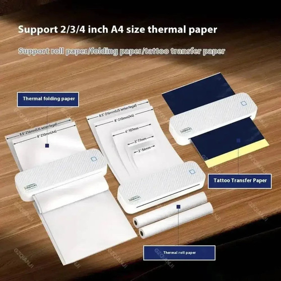 Cordless Thermal Printer with paper samples, mini portable Bluetooth printer, white and compact design shown.