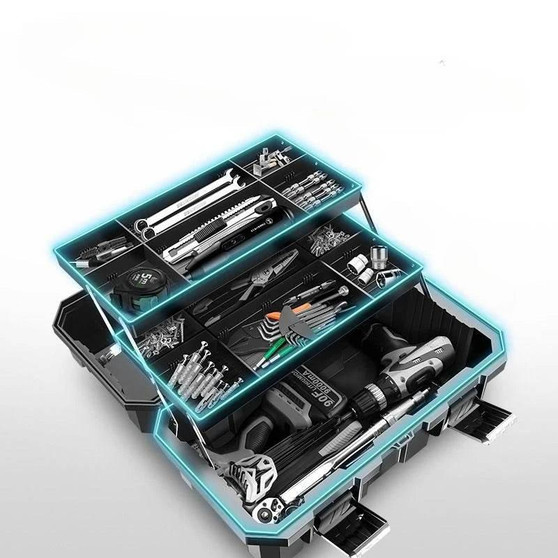 Waterproof Tool Storage box with tools, black plastic case, open drawers showing organized electrician equipment.