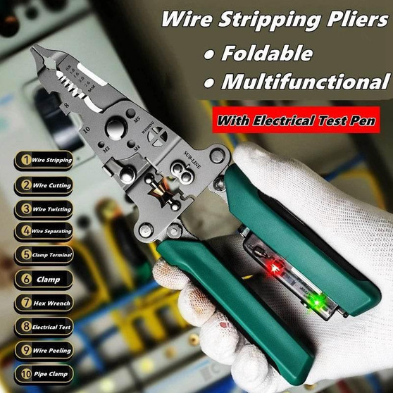 Multifunctional Wire Stripper with Electrical Test Pen, Foldable Cable Cutter Tool