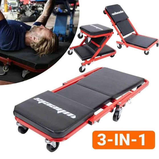 3-in-1 Rolling Mechanic Creeper Z Seat, Foldable Garage Chair Lay Down Sit Lean Back, Under Car Shop Auto Repair, Red Black Mechanic Creeper