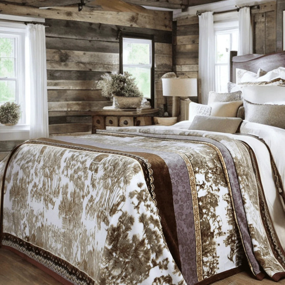 Lavender brown floral flannel throw blanket on a cozy living room bed with rustic wood walls.