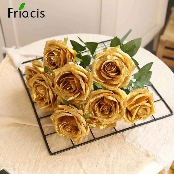 10/1 Heads Golden Silver Rose Artificial Flower DIY Wedding Floral Arrangement Material Silk Bridal Bouquet Photo Prop Home Deco by DSERS
