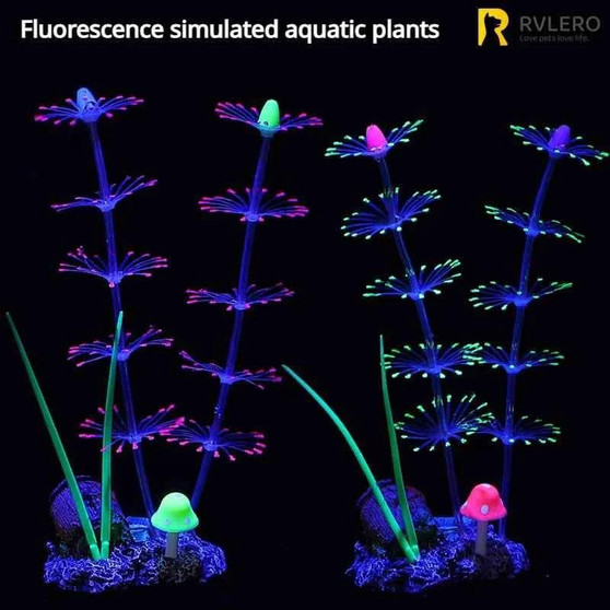 Fluorescent simulated aquatic plants in various colors for aquarium decoration and vibrant underwater landscaping effects.