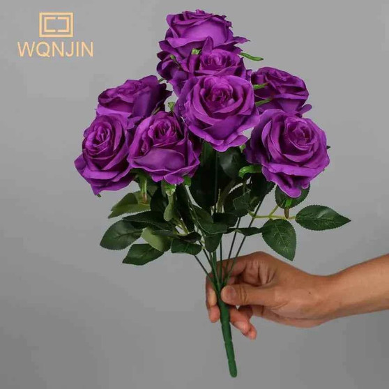 Purple silk flowers bouquet, 9 vibrant WONJIN roses, realistic Silk Flowers decoration in deep rich color.