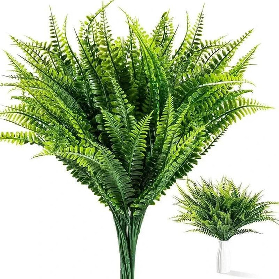 Handmade artificial ferns with green leaves, offering zero maintenance, for outdoor or indoor decorative use.