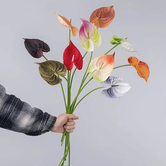 10Pc/lot PU Artificial Flowers Anthurium Bridal Bouquet Wedding Decoration Fake Palm Flowers Home Party Table Floral Arrangement by DSERS