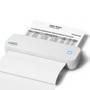 Cordless Thermal Printer, compact white mini Bluetooth printer with paper sample, thermal printing technology.