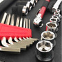 56 Piece SAE auto tool set with sockets and wrenches in a zipper case, chrome finish.