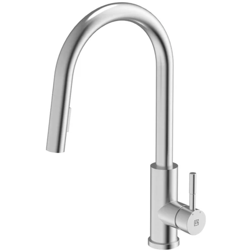 Abey Brushed Steel Gareth Ashton 304 Gooseneck Pull Out Dual Spray Function Kitchen Mixer - KTA045-BR