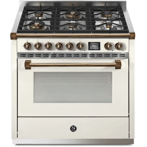 Steel 90cm Ascot Nuvola White & Bronze Dual Fuel Freestanding Oven - Combi-Steam - 6 Burner - AQ9S-6W-NAB