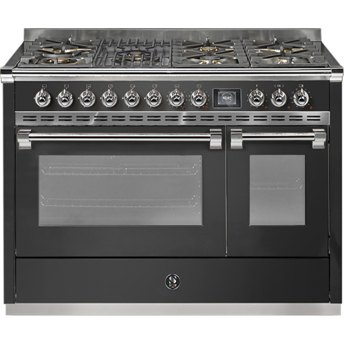 Steel 120cm Ascot Anthracite & Brass Dual Fuel Freestanding Oven - Combi-Steam - 6 Gas Burner & 1 Mega Wok - AQ12SF-6M-ANO