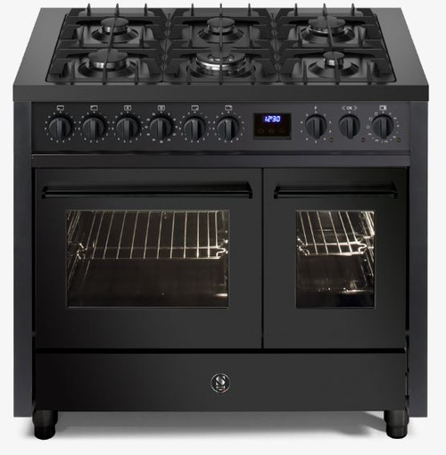 Steel 100cm Enfasi Black Double Oven Dual Fuel Freestanding Cooker - 6 Burner - EQ10FF-6NF