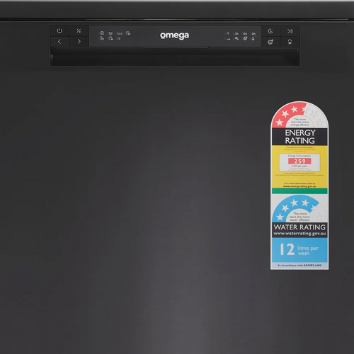 Omega 60cm Black Stainless Steel Freestanding Dishwasher - 14 Place Settings - ODWF6014BX