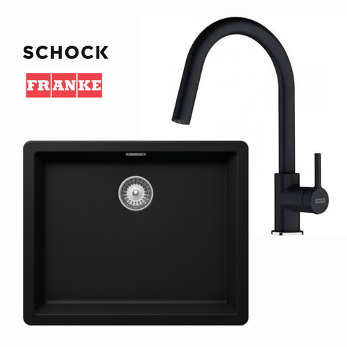 Schock 500mm Calabasa Black Single Bowl Sink + Franke Lina Black Pullout Tap (Lead Free) - GN100LB + TA9921