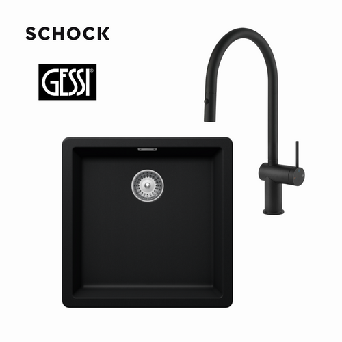 Schock 400mm Calabasa Black Single Bowl Sink + Gessi Inedito Dual Function Black Pull-Out Tap - GN100B + 60413B
